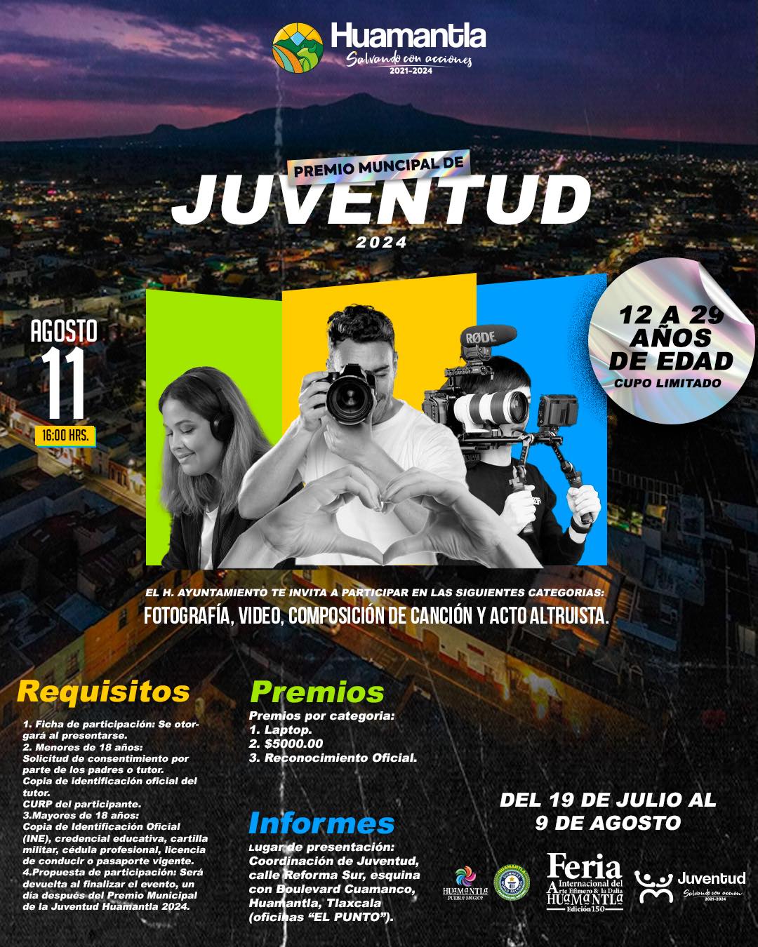 CONVOCA AYUNTAMIENTO DE HUAMANTLA AL PREMIO MUNICIPAL DE LA JUVENTUD 2024