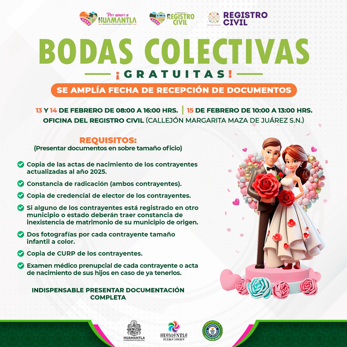 REGISTRO CIVIL DE HUAMANTLA AMPLÍA PLAZO PARA ENTREGA DE DOCUMENTACIÓN DE BODAS COLECTIVAS