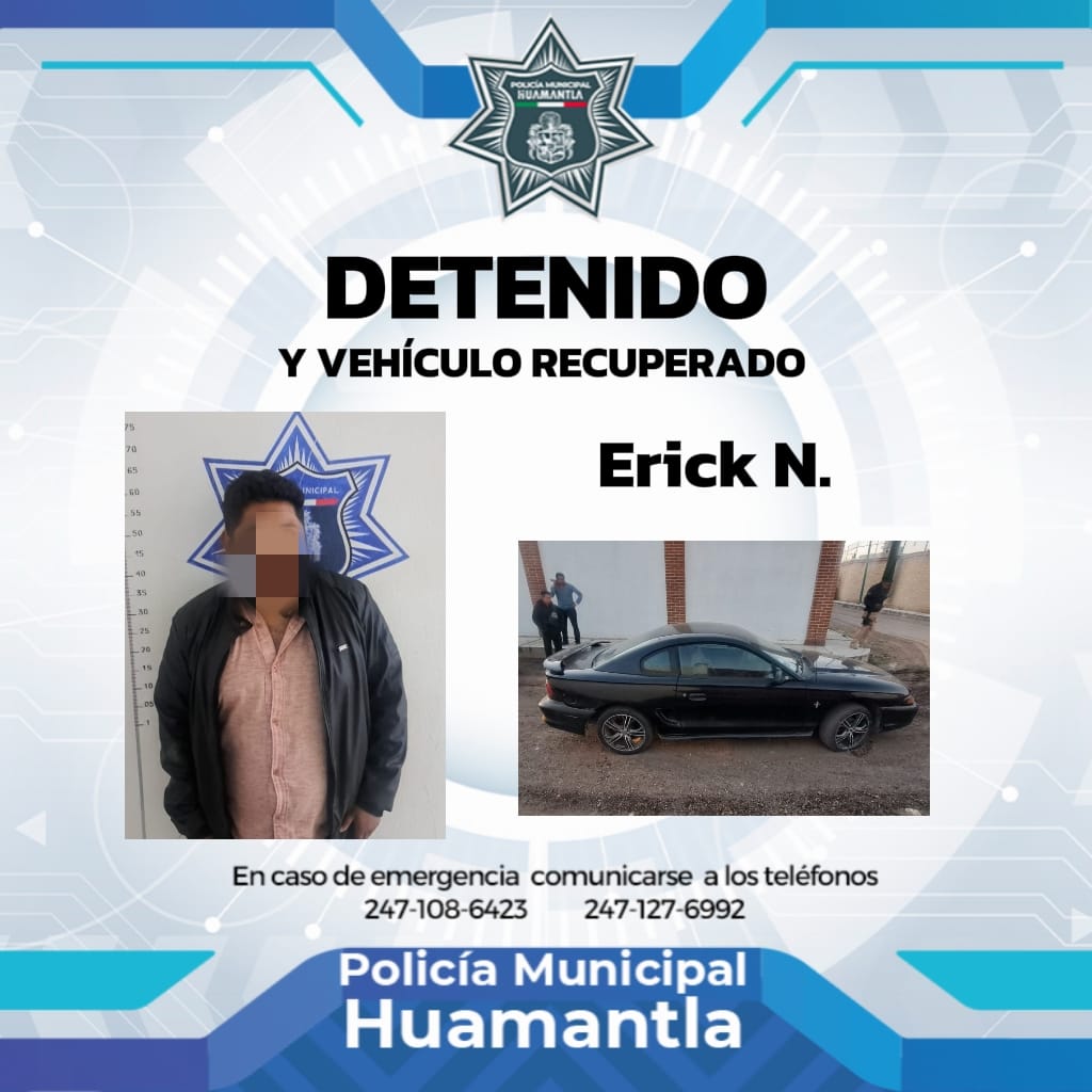 POLICÍA DE HUAMANTLA ASEGURA A POSIBLE SOSPECHOSO DE ROBO DE VEHÍCULO Y RECUPERA EL AUTO